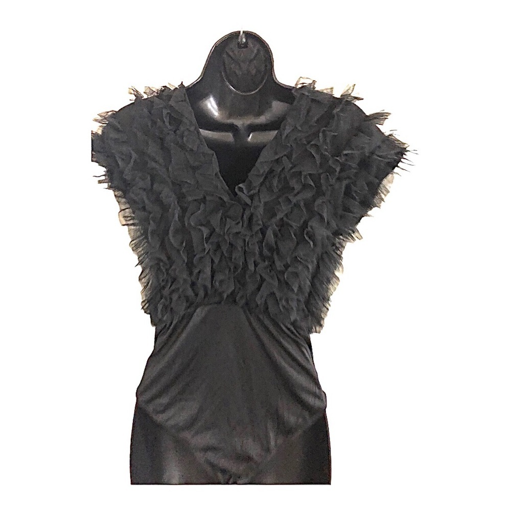 Ruffled Chiffon tulle plunge front black bodysuit size medium brand new - Picture 13 of 16